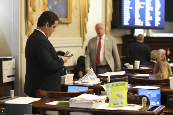 South Carolina Rep. Micah Caskey, R-Springdale, waits to ask a question with a tin foil hat on his desk on Wednesday, May 8, 2024, in Columbia, S.C. (AP Photo/Jeffrey Collins)
