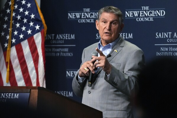 FILE - Sen. Joe Manchin, D-W.Va., speaks during the Politics and Eggs event, Jan. 12, 2024, in Manchester, N.H. Manchin announced Friday, Feb. 16, that he is not running for president, according to his spokesman Jon Kott. Manchin is not running for reelection in 2024. His Senate seat in a heavily Republican state is expected to be a prime pickup opportunity for the GOP. (APPhoto/Charles Krupa, File)