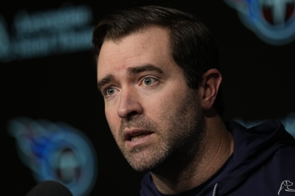 Tennessee Titans head coach Brian Callahan responds to questions during a news conference at the NFL football team's training facility Wednesday, Feb. 14, 2024, in Nashville, Tenn. (APPhoto/George Walker IV)