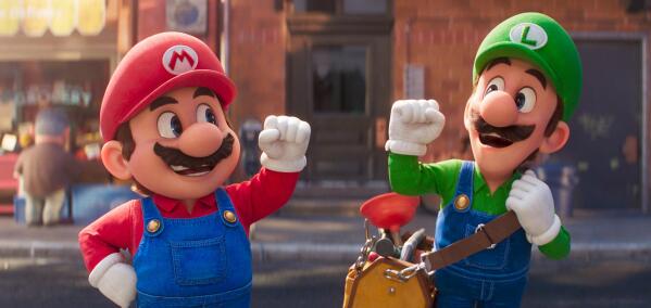 This image released by Nintendo and Universal Studios shows Mario, voiced by Chris Pratt, left, and Luigi, voiced by Charlie Day in Nintendo's "The Super Mario Bros. Movie." (Nintendo and Universal Studios via AP)