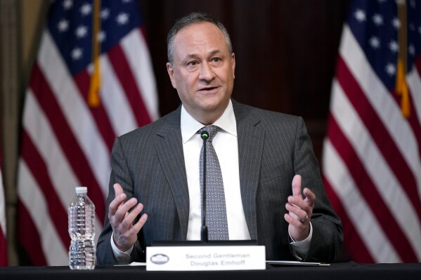 FILE - Doug Emhoff, the husband of Vice President Kamala Harris, attends a roundtable discussion with Jewish leaders about the rise in antisemitism and efforts to fight hate in the United States in the Eisenhower Executive Office Building on the White House Campus in Washington, Dec. 7, 2022. Emhoff, the husband of Vice President Kamala Harris, is taking his advocacy against antisemitism, Islamophobia and other forms of hate to the Swiss Alps. Aides tell The Associated Press that Emhoff will attend the World Economic Forum in Davos, Switzerland, this week. (AP Photo/Patrick Semansky, File)