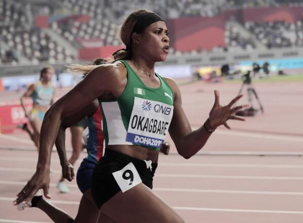 FILE - Blessing Okagbare, of Nigeria, races in a women's 200 meter heat at the World Athletics Championships in Doha, Qatar, Sept. 30, 2019. A man charged with providing banned substances to Nigerian sprinter Blessing Okagbare and another athlete pleaded guilty Monday, May 8, 2023, marking the first conviction under a landmark law designed to target wide-ranging doping schemes across the globe. (AP Photo/Nariman El-Mofty, file)