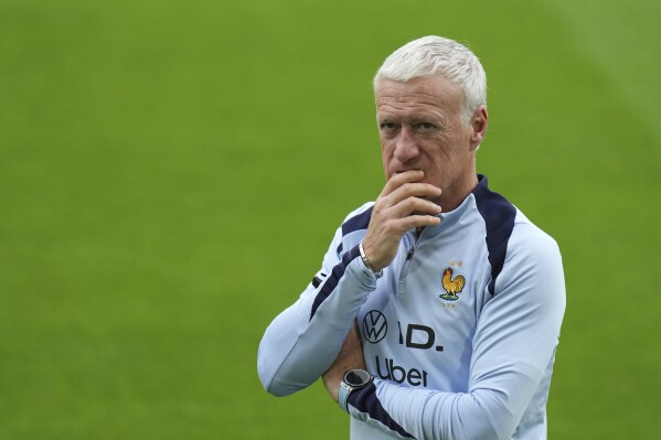 France head coach Didier Deschamps gestures during a training session in Paderborn, Germany, Saturday, June 15, 2024. France will play against Austria during their Group D soccer match at the Euro 2024 soccer tournament on June 17. (AP Photo/Hassan Ammar)