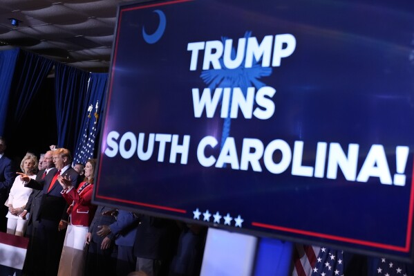 Republican presidential candidate former President Donald Trump speaks at a primary election night party at the South Carolina State Fairgrounds in Columbia, S.C., Saturday, Feb. 24, 2024. (AP Photo/Andrew Harnik)