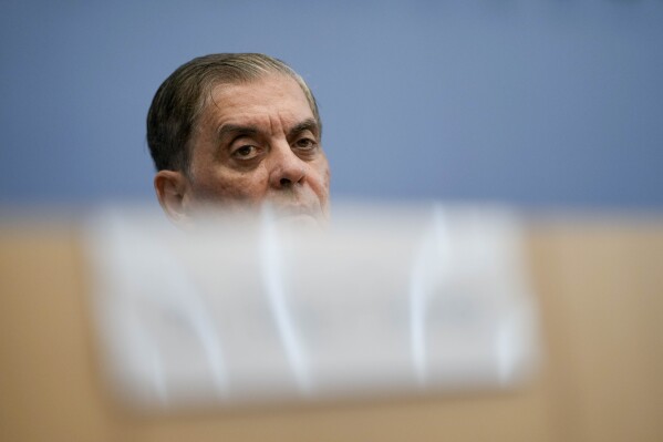 Romani Rose, the head of the Central Council of German Sinti and Roma, attends a news conference in Berlin, Germany, Monday, Sept. 18, 2023. Germany's leading Roma and Sinti group presented its first report on discrimination and racism against the minority community on Monday which recorded 621 incidents in the last year. (AP Photo/Markus Schreiber)