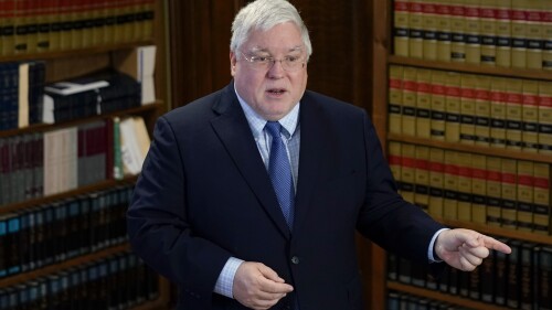 FILE - West Virginia Attorney General Patrick Morrisey speaks with reporters to announce a $68 million settlement with the Kroger pharmacy chain over its role in perpetuating the opioid crisis, during a news conference at the state Capitol in Charleston, W.Va., May 4, 2023. West Virginia is selecting leadership for a newly created foundation tasked with distributing the lion's share of the more than one billion dollars in opioid settlement money coming to the state. That means funding for opioid treatment and addiction services will soon be going out to communities after years of litigation, Morrisey said Monday, June 26, in his state Capitol office. (AP Photo/Jeff Dean, File)