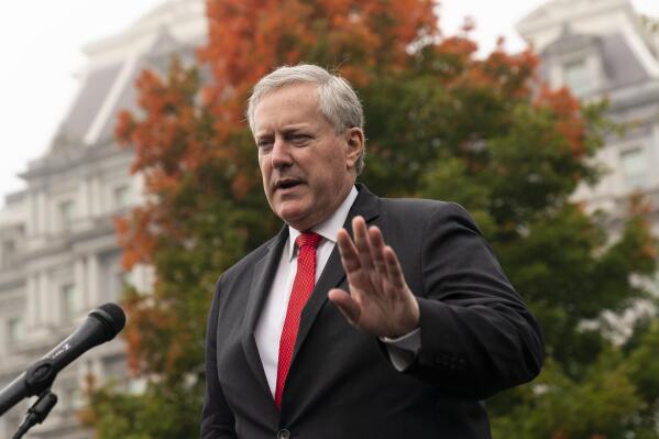 FILE - White House chief of staff Mark Meadows speaks with reporters at the White House, Wednesday, Oct. 21, 2020, in Washington. A former White House official told the House committee investigating the Jan. 6, 2021 insurrection at the U.S. Capitol that President Donald Trump's chief of staff, Mark Meadows, had been advised of intelligence reports showing the potential for violence that day, according to transcripts released late Friday night, April 22, 2022. (AP Photo/Alex Brandon, File)