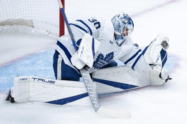 Toronto Maple Leafs goaltender Matt Murray makes a save against the Montreal Canadiens during the first period of an NHL hockey game Wednesday, Oct. 12, 2022, in Montreal. (Paul Chiasson/The Canadian Press via AP)