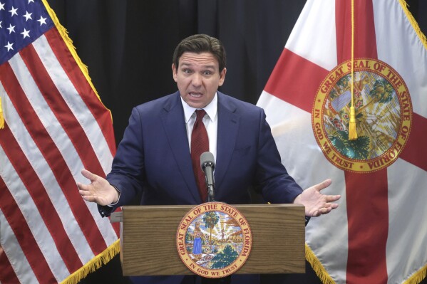 Florida Gov. Ron DeSantis delivers remarks during a press conference at the Central Florida Tourism Oversight District headquarters at Walt Disney World, in Lake Buena Vista, Fla., Thursday, Feb. 22, 2024. (Joe Burbank/Orlando Sentinel via AP, File)