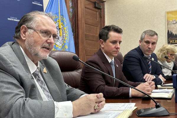 From left, South Dakota House Speaker Hugh Bartels, Republican House Majority Leader Will Mortenson, Republican Senate Majority Leader Casey Crabtree and Republican Sen. Jean Hunhoff appear at a press conference, Thursday, Feb. 22, 2024, at the state Capitol in Pierre, S.D. The South Dakota Legislature largely wrapped up its session on Thursday, March 7, but lawmakers will be back in Pierre on Monday, March 25, to consider overriding any vetoes and to officially adjourn. (AP Photo/Jack Dura)
