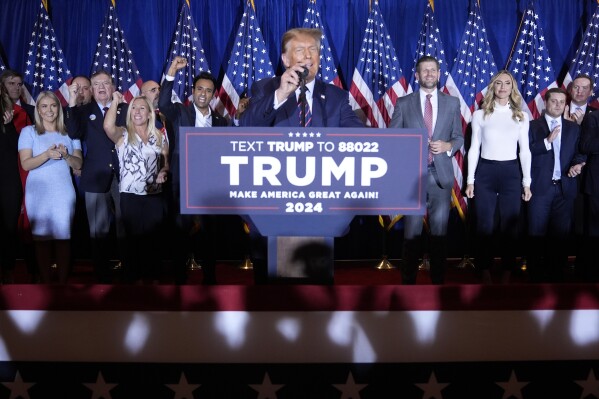 Republican presidential candidate former President Donald Trump speaks at a primary election night party in Nashua, N.H., Tuesday, Jan. 23, 2024. (AP Photo/Matt Rourke)