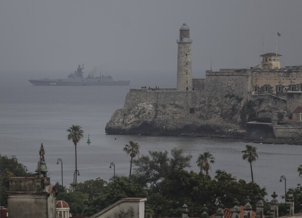 The Russian Navy Admiral Gorshkov frigate arrives at the port of Havana, Cuba, Wednesday, June 12, 2024. A fleet of Russian warships reached Cuban waters on Wednesday ahead of planned military exercises in the Caribbean. (AP Photo/Ariel Ley)