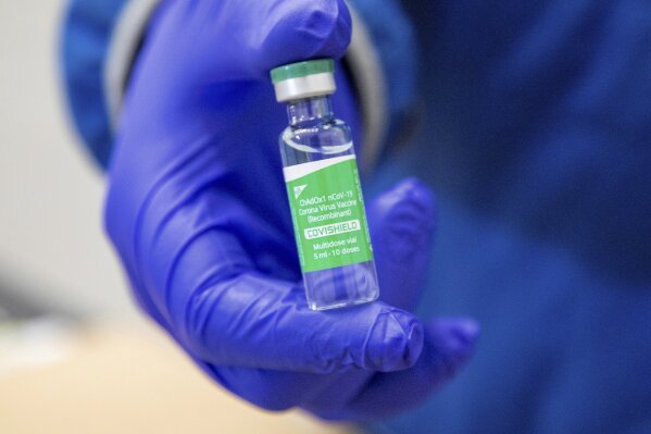 A vial of the AstraZeneca COVID-19 vaccine doses, one of the first 500,000 of the two million, is displayed that Canada has secured through a deal with the Serum Institute of India in partnership with Verity Pharma, Wednesday, March 3, 2021, at a facility in Milton, Ontario. (Carlos Osorio/Pool Photo via AP)