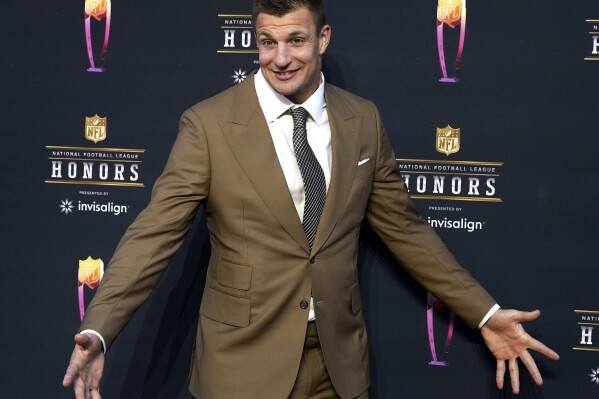 FILE - Rob Gronkowski arrives for the NFL Honors in Inglewood, Calif., on Feb. 10, 2022. The LA Bowl is expected to announce Saturday, Oct. 21, 2023, that Gronkowski will sign a multi-year agreement to partner with the college football postseason game. (AP Photo/Marcio Jose Sanchez, File)