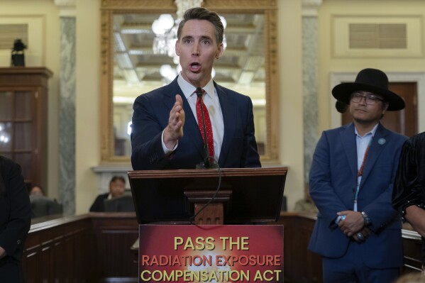 Sen. Josh Hawley, R-Mo., speaks about the Radiation Exposure Compensation Act during a news conference on Capitol Hill in Washington, Sept. 24, 2024. (AP Photo/Jose Luis Magana, File)
