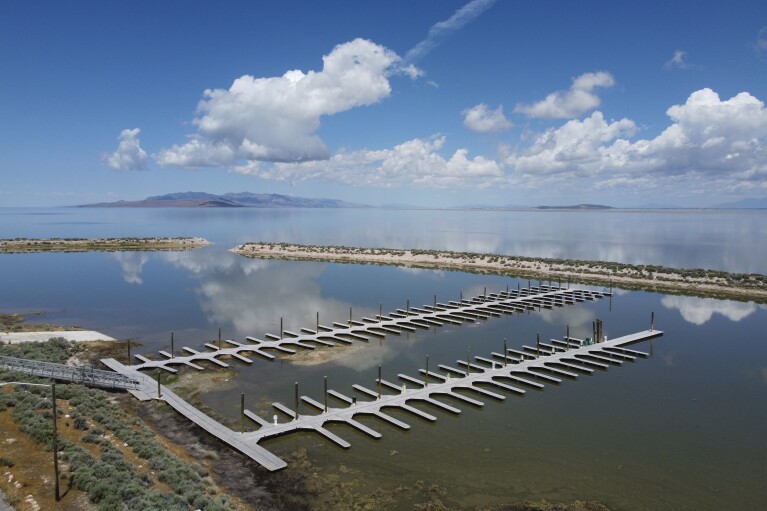 Historic snowpack this winter increased the Great Salt Lake's elevation beyond last year's record lows set and refilled the docks at the Antelope Island State Park Marina on June 15, 2023, near Syracuse, Utah. (AP Photo/Rick Bowmer)