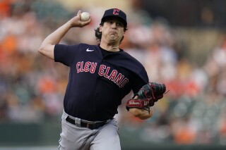 Cleveland Guardians starting pitcher Cal Quantrill throws a pitch during the first inning of a baseball game between the Baltimore Orioles and the Cleveland Guardians, Tuesday, May 30, 2023, in Baltimore. The Orioles won 8-5. (AP Photo/Julio Cortez)