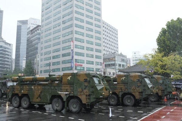 South Korea's "Hyunmoo" missiles are carried in a parade during the 75th South Korea Armed Forces Day ceremony in Seoul, South Korea, Tuesday, Sept. 26, 2023. South Korea's president vowed to retaliate immediately against any potential provocations by North Korea in his Armed Forces Day speech Tuesday, as thousands of troops prepared to march through the capital in the country's first such military parade in 10 years. (AP Photo/Ahn Young-joon)