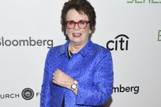 FILE - In this Sept. 19, 2017 file photo, tennis great Billie Jean King attends a special screening of Fox Searchlight's "Battle of the Sexes" in New York. The New-York Historical Society announced Tuesday, Sept. 4, 2018, that a photo exhibit, “Billie Jean King: The Road to 75,” will run from Oct. 19 through Jan. 27, 2019. The exhibit will feature photographs from her storied life and career as player and activist. (Photo by Evan Agostini/Invision/AP, File)