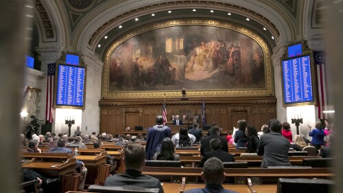 FILE - Gov. Tony Evers delivers his state budget address at the Wisconsin State Capitol in Madison, Wis., on Feb. 15, 2023. The Republican-authored Wisconsin state budget, which lawmakers plan to vote on Wednesday, June 28, includes a $3.5 billion income tax cut covering all income levels, a cut to the University of Wisconsin System and more money for public K-12 and private voucher schools. (Samantha Madar/Wisconsin State Journal via AP, File)