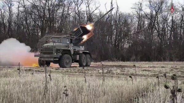 In this photo taken from video distributed by Russian Defense Ministry Press Service on Friday, April 18, 2025, the Russian BM-21 