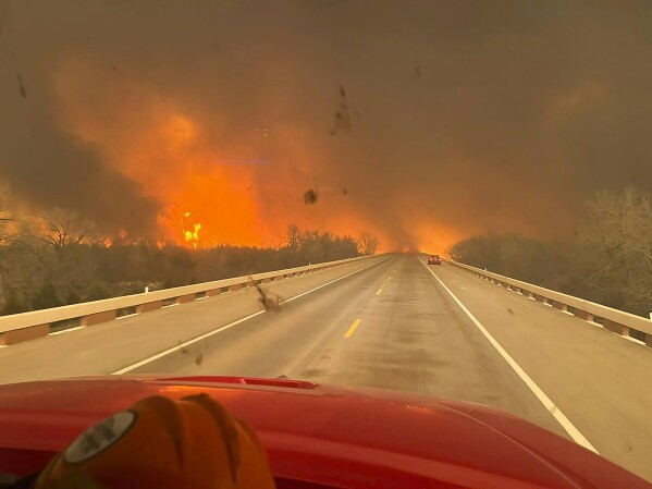 This image taken from Greenville Fire-Rescue's facebook page on Wednesday, Feb. 28, 2024 shows fires in the Texas Panhandle. A fast-moving wildfire burning through the Texas Panhandle grew into the second-largest blaze in state history, forcing evacuations and triggering power outages as firefighters struggled to contain the widening flames. (Greenville Fire-Rescue via AP)