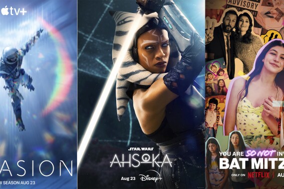 This combination of images shows promotional art for the second season of "Invasion," premiering Aug. 23 on Apple TV+, left, “Star Wars: Ahsoka," a new series premiering Aug. 23 on Disney+ and "You Are So Not Invited to My Bat Mitzvah,” a film streaming Aug. 25 on Netflix. (Apple TV+/Disney+/Netflix via AP)