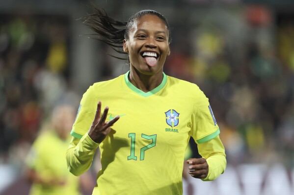 Brazil's Ary Borges celebrates her hat trick goal during the Women's World Cup Group F soccer match between Brazil and Panama in Adelaide, Australia, Monday, July 24, 2023. (AP Photo/James Elsby)