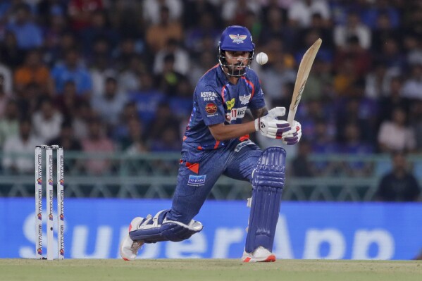 Lucknow Super Giants' captain KL Rahul plays a shot during the Indian Premier League cricket match between Lucknow Super Giants and Mumbai Indians in Lucknow, India, Tuesday, April 30, 2024. (AP Photo/Pankaj Nangia)