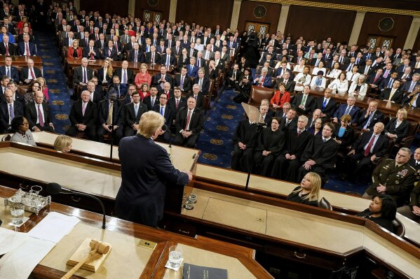 President Donald Trump delivers his State of the Union address to a joint session of Congress on Capitol Hill in Washington, Tuesday, Feb. 4, 2020. (Doug Mills/The New York Times via AP, Pool)
