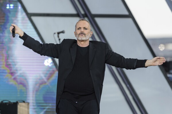 FILE - In this Oct. 15, 2016 file photo, Spanish pop star Miguel Bosé performs at RiseUp As One at Cross Border Xpress in San Diego. On Aug. 21, 2023 Bosé wrote on his Instagram account that armed assailants burst into his house in Mexico City on Friday, Aug. 18, and tied him up, his two children and household staff for more than two hours while they ransacked the premises. (Photo by Alan Hess/Invision/AP, File)