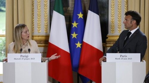 Italy's Prime Minister Giorgia Meloni and French President Emmanuel Macron attend a joint press conference at the Elysee Palace in Paris, Tuesday, June 20, 2023. Italian Premier Giorgia Meloni meets French President Emmanuel Macron to mark the improvement of relations between the two countries after their latest dispute over migration issues. ( Ludovic Marin, Pool via AP)