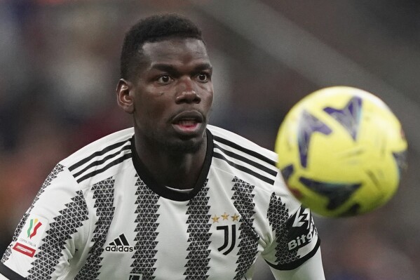 FILE - Juventus' Paul Pogba controls the ball during an Italian Cup soccer match between Internazionale and Juventus, at the Giuseppe Meazza San Siro Stadium, in Milan, Italy, April 26, 2023. Juventus midfielder Paul Pogba has tested positive for testosterone it was reported on Monday, Sept. 11, 2023. Italy’s anti-doping agency announced the positive test. The test was carried out after Juventus’ game at Udinese on Aug. 20. Pogba did not play in the Serie A match but was on Juve’s bench. Nado Italia says Pogba was suspended provisionally with immediate effect. (Spada/LaPresse via AP, File)