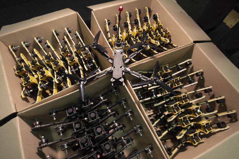 Exploding drones are ready to be shipped to the battlefield in Kyiv region, Ukraine, on Wednesday, February 7, 2024. (AP Photo/Evgeniy Maloletka)
