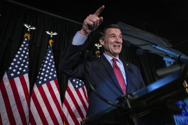 Former U.S. Rep. Tom Suozzi, Democratic candidate for New York's 3rd congressional district, speaks at his election night party Tuesday, Feb. 13, 2024, in Woodbury, N.Y. Suozzi won a special election for the House seat formerly held by George Santos. (AP Photo/Stefan Jeremiah)