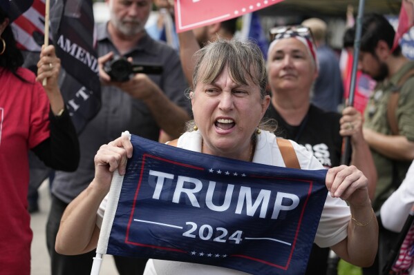 Supporters of former President Donald Trump, rally outside the Trump National Doral resort, Monday June 12, 2023 in Doral, Fla. (AP Photo/Alex Brandon)