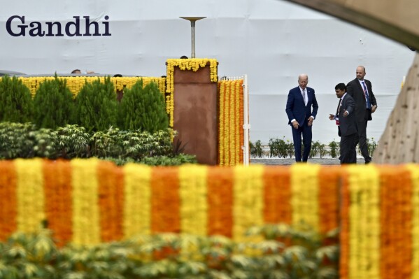 U.S. President Joe Biden arrives at the Rajghat, a Mahatma Gandhi memorial, where G20 leaders will paying their respects, in New Delhi, India, Sunday, Sept. 10, 2023. (AP Photo/Kenny Holston, Pool)