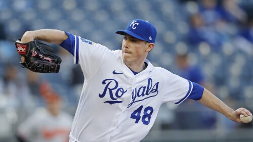 FILE - Kansas City Royals pitcher Ryan Yarbrough throws during the first inning of a baseball game against the Baltimore Orioles in Kansas City, Mo., May 2, 2023. Yarbrough is returning to the mound Sunday, July 9 to start against Cleveland in his first major league game since the left-hander was hit in the head with a line drive two months ago. (AP Photo/Colin E. Braley, file)