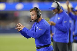 Los Angeles Rams coach Sean McVay gestures from the sideline during the second half of the team's preseason NFL football game against the Las Vegas Raiders on Saturday, Aug. 21, 2021, in Inglewood, Calif. (AP Photo/Jae C. Hong)