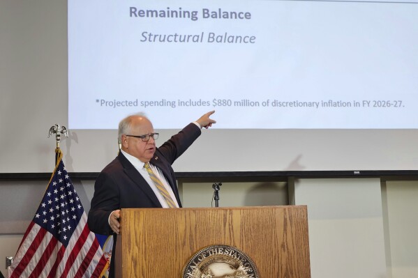 Gov. Tim Walz discusses a fresh budget projection during a briefing for reporters at the Minnesota Department of Revenue, Wednesday, Dec. 6, 2023, in St. Paul, Minn. State officials projected a surplus of $2.4 billion in the two-year budget period that runs through June of 2025. (AP Photo/Steve Karnowski)