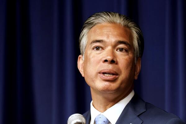 FILE - California Attorney General Rob Bonta speaks at a news conference in Sacramento, Calif., on June 28, 2022. Bonta, who was appointed by Gov. Gavin Newsom, faces GOP former federal prosecutor Nathan Hochman. (AP Photo/Rich Pedroncelli, File)