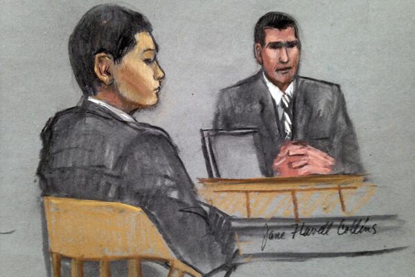 In this courtroom sketch, defendant Azamat Tazhayakov, left, a college friend of Boston Marathon bombing suspect Dzhokhar Tsarnaev, is depicted listening to testimony by FBI Special Agent Phil Christiana, right, during the first day of his federal obstruction of justice trial Monday, July 7, 2014 in Boston. Tazhayakov, of Kazakhstan, is accused with another friend of removing items from Tsarnaev's dorm room, but is not charged with participating in the bombing or knowing about it in advance.  (Jane Flavell Collins via AP)