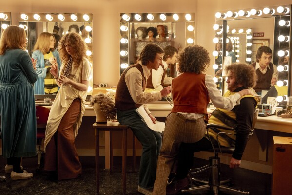 This image released by Sony Pictures shows, from left, Kim Matula, as Jane Curtin, Emily Fairn, as Laraine Newman, Gabriel LaBelle, as Lorne Michaels, Rachel Sennott, as Rosie Shuster, and Matt Wood, as John Belushi. (Hopper Stone/Sony Pictures Entertainment via AP)