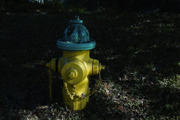 A beam of sunlight streams over a fire hydrant on Wednesday, Dec. 6, 2023, in Prichard, Ala., which loses 60% of its treated drinking water. Communities nationwide are losing trillions of gallons from aging distribution systems. (AP Photo/Brynn Anderson)