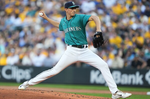 Seattle Mariners starting pitcher George Kirby throws against the Baltimore Orioles during the fourth inning of a baseball game, Saturday, Aug. 12, 2023, in Seattle. (AP Photo/Lindsey Wasson)