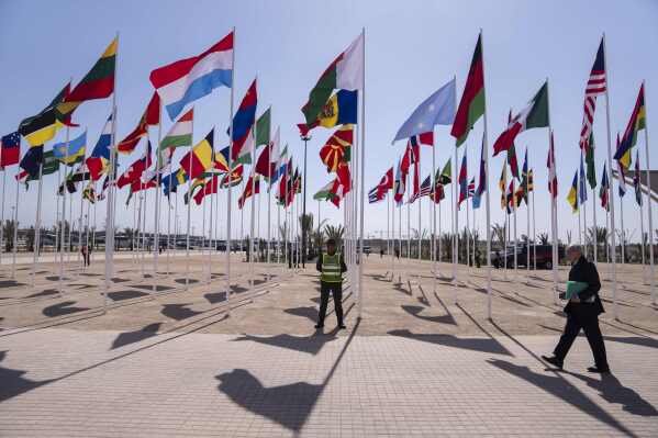 A member of the security forces stands guard outside a convention center hosting the IMF and World Bank annual meetings, in Marrakech, Morocco, Monday, Oct. 9, 2023. The International Monetary Fund and World Bank kicked off their annual meeting in Marrakech on Monday, one month after a deadly earthquake struck Morocco and killed nearly 3,000 people. (AP Photo/Mosa'ab Elshamy)