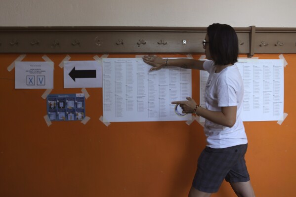 An election commission worker prepares a polling station in Bankya, on the outskirts of Sofia, Sunday, June 9, 2024. Voters in Bulgaria are going to the polls on Sunday in national and European elections that have been overshadowed by political instability, economic inequality and growing concern over the war in nearby Ukraine. (AP Photo/Valentina Petrova)