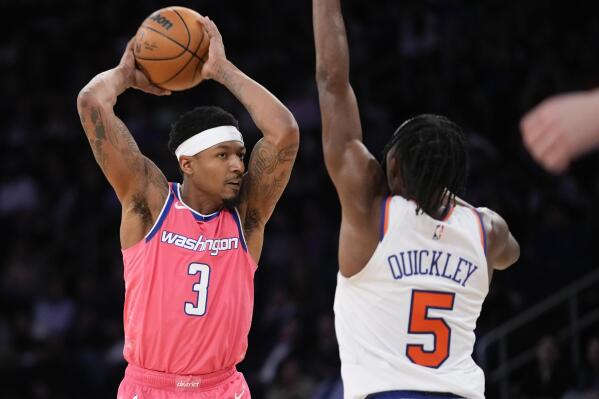New York Knicks guard Immanuel Quickley (5) guards Washington Wizards guard Bradley Beal (3) during the second half of an NBA basketball game Wednesday, Jan. 18, 2023, at Madison Square Garden in New York. The Wizards won 116-105. (AP Photo/Mary Altaffer)