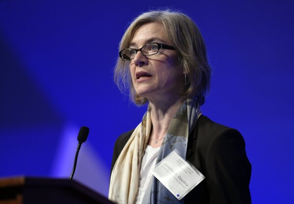 FILE - In this Dec. 1, 2015, file photo, Jennifer Doudna, a University of California, Berkeley, co-inventor of the CRISPR gene-editing tool that He Jiankui used, speaks at the National Academy of Sciences international summit on the safety and ethics of human gene editing, in Washington. Six months after He was widely scorned for helping to make the world's first gene-edited babies, Doudna said that she has heard of others who want to edit embryos. (AP Photo/Susan Walsh, File)