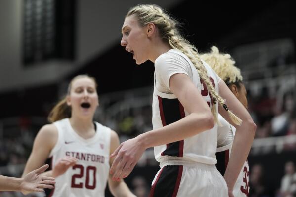 Stanford forward Cameron Brink reacts during the second half of the team's NCAA college basketball game against Utah in Stanford, Calif., Friday, Jan. 20, 2023. (AP Photo/Godofredo A. Vásquez)